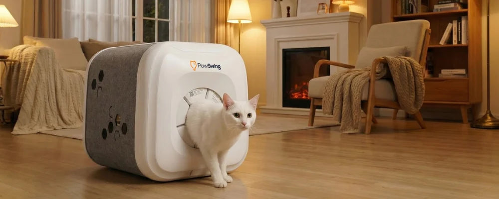 Beyaz bir kedi, kendi kendine bakım sağlayan kedi evi aracılığıyla kendini bakımlıyor