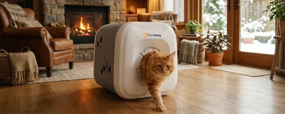 Güvenli bakım portalına giren bir kediyi gösteren, PawSwing imzalı %100 mekanik kendi kendine bakım sağlayan kedi evi