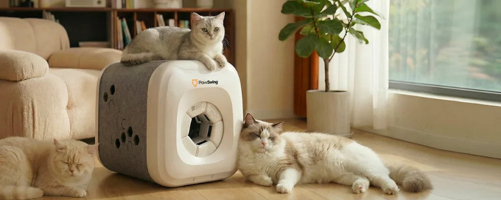 PawSwing kedi bakım makinesi ve kedi evinin etrafında dolaşan birden fazla kedi