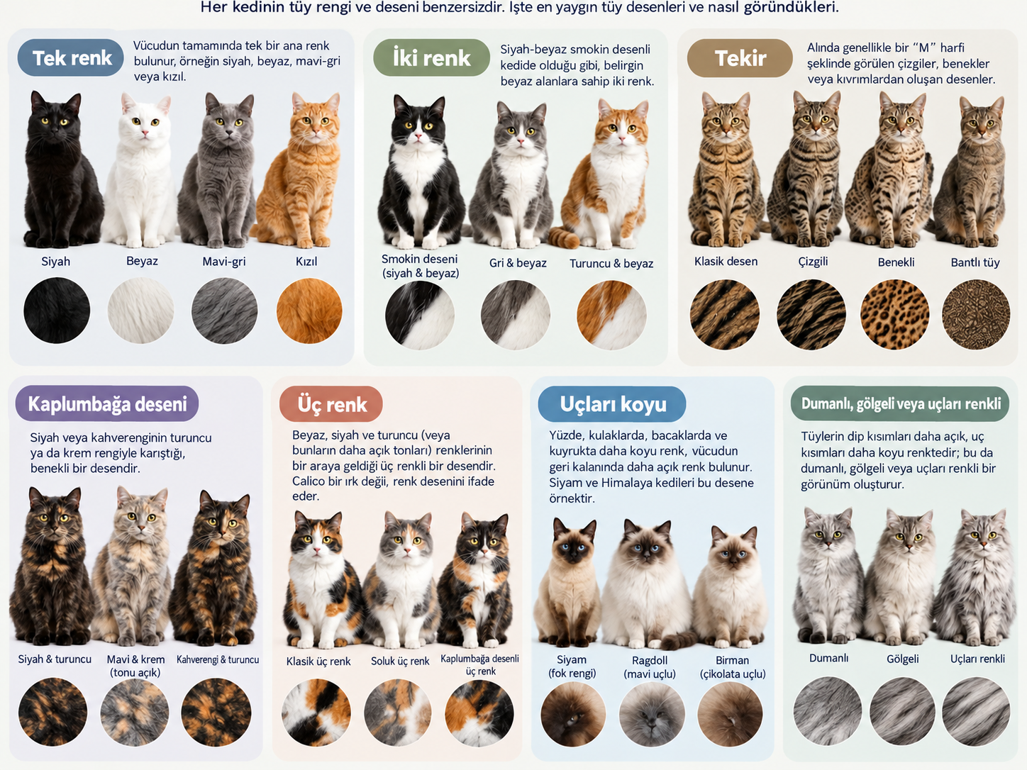 Kedi tüy çeşitleri: Katmanlar, renkler ve desenler