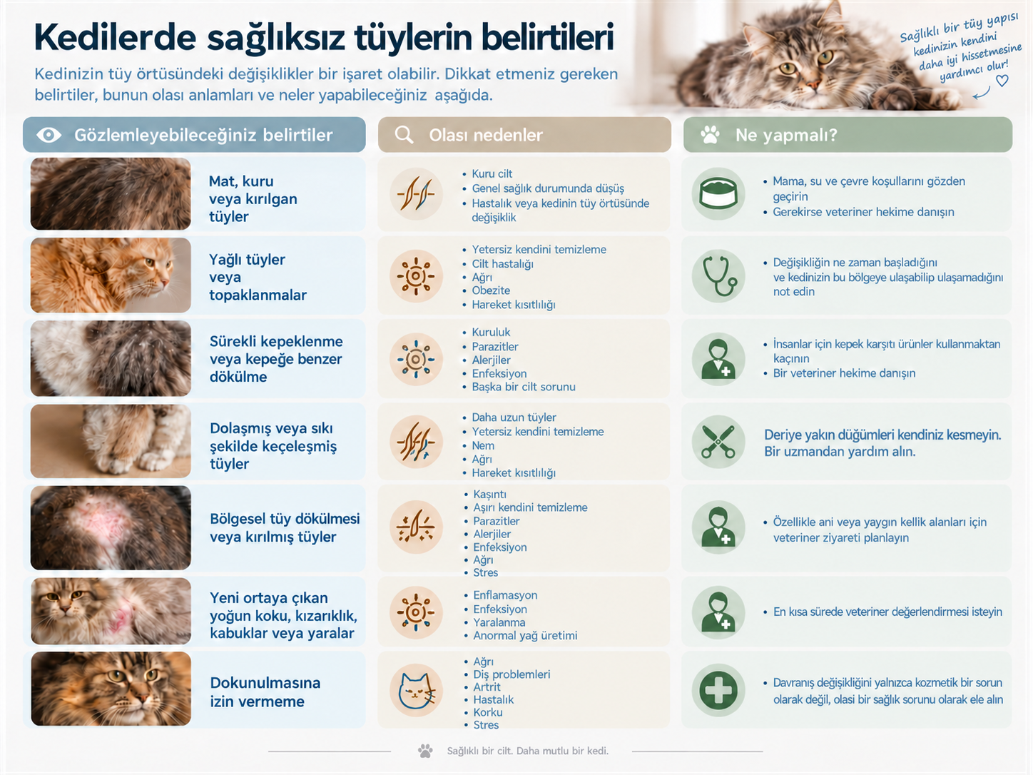 Tüy ve deri sorunlarının belirtileri, olası nedenleri ve bakım önerileri tablosu