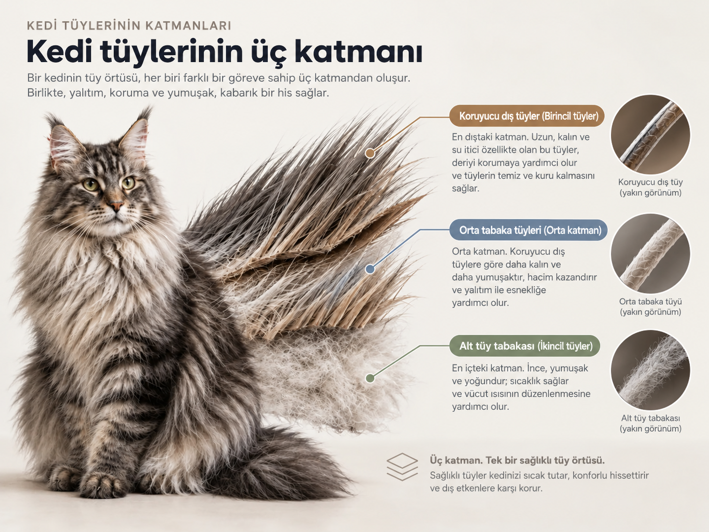 Kedi tüylerinin katmanları: koruyucu dış tüyler, orta tabaka ve alt tüyler