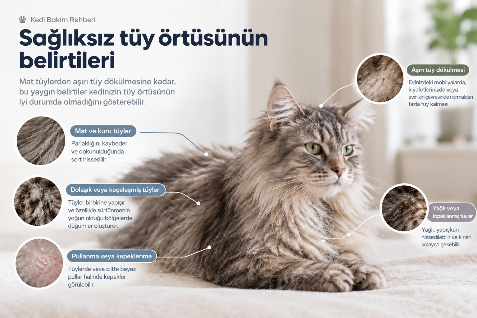 Kedi tüylerinde sağlıksız görünüm: Belirtiler ve nedenler