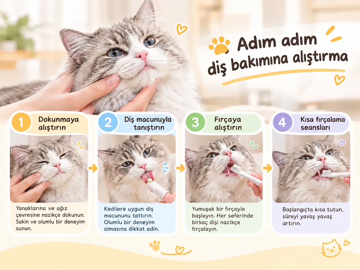 Diş bakımına alıştırmanın dört adımı: dokunma, macun, fırça ve kısa seanslar