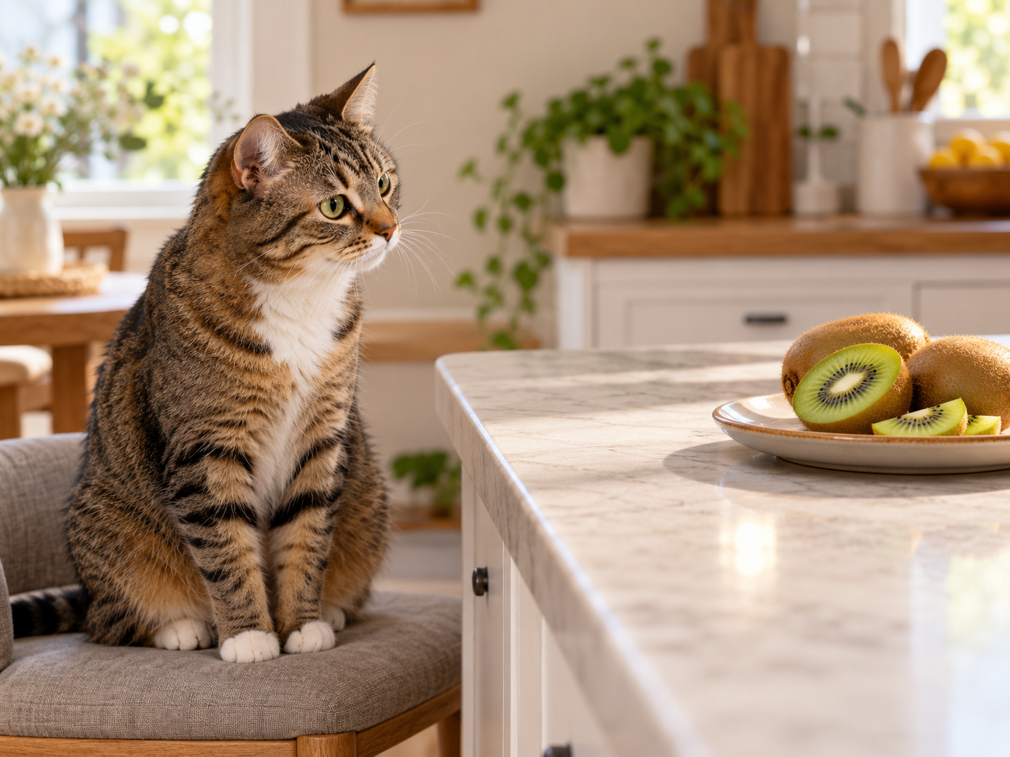 Mutfakta kivi tabağının yanındaki kedi — temsili görsel